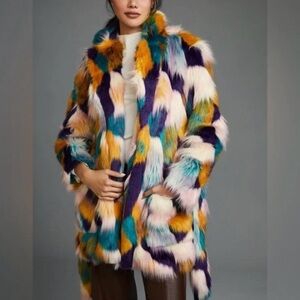 NWT Anthropologie Hutch Faux Fur Multicolor Coat Size Small With Belt